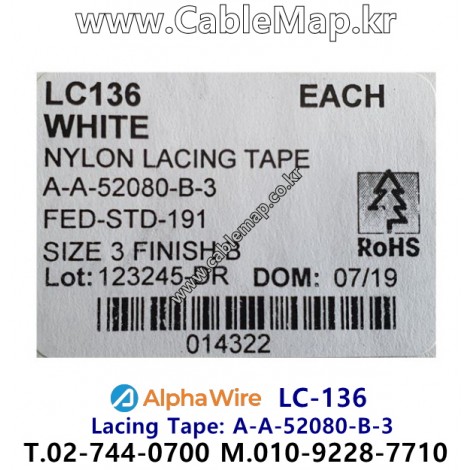 AlphaWire LC-136 Lacing Tape알파와이어 - AlphaWire LC-136, Lacing Tape, A-A-52080-B-3, FED-STD-191, Finish: B – Microcrystalline fungicide wax, mercury and copper free