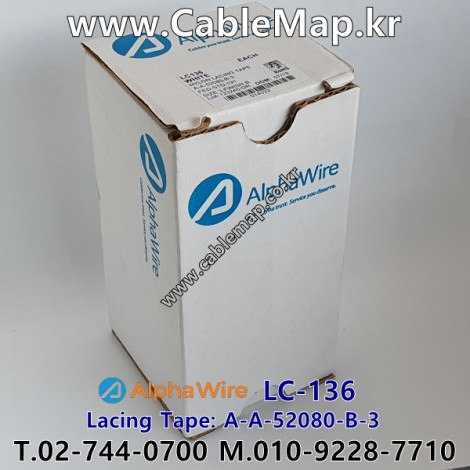 AlphaWire LC-136 Lacing Tape알파와이어 - AlphaWire LC-136, Lacing Tape, A-A-52080-B-3, FED-STD-191, Finish: B – Microcrystalline fungicide wax, mercury and copper free